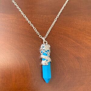 Blue Crystal Point Necklace with Silver Dragon Wrap
